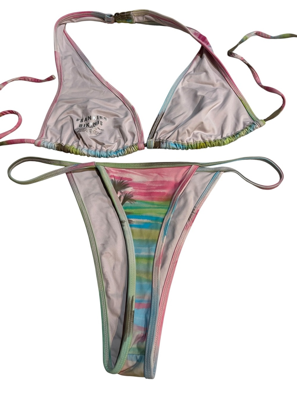 Frankies Bikinis 2 pc Set Palmz Print Halter Top And String Cheeky Bottom SZ M - Picture 3 of 5